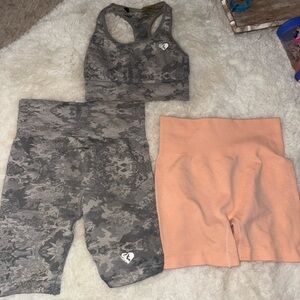 Gray Camo Sports Bra and Shorts Set with Peach Shorts